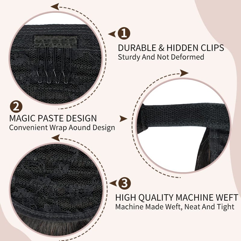 FAAAL 14 inch Ponytail Extension Human Hair 70g #1B Natural Black 100% Remy Hair Ponytail Long Straight Wrap Around Ponytail Clip in Hair Extensions One Piece Hairpiece for Women - Image 3